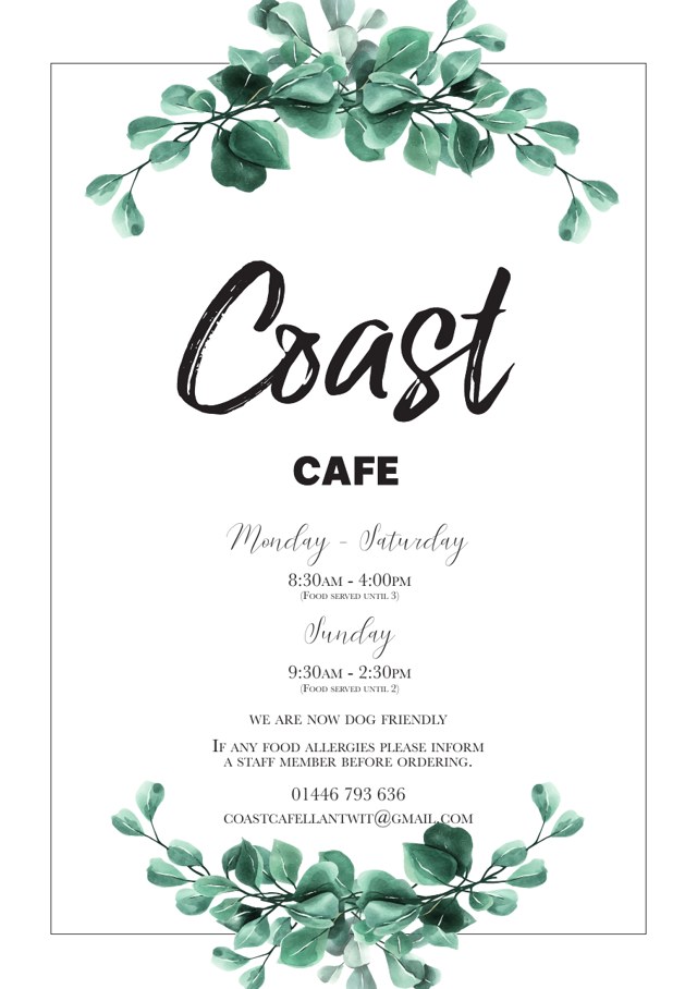 Coast Cafe menu cover with green eucalyptus foliage.